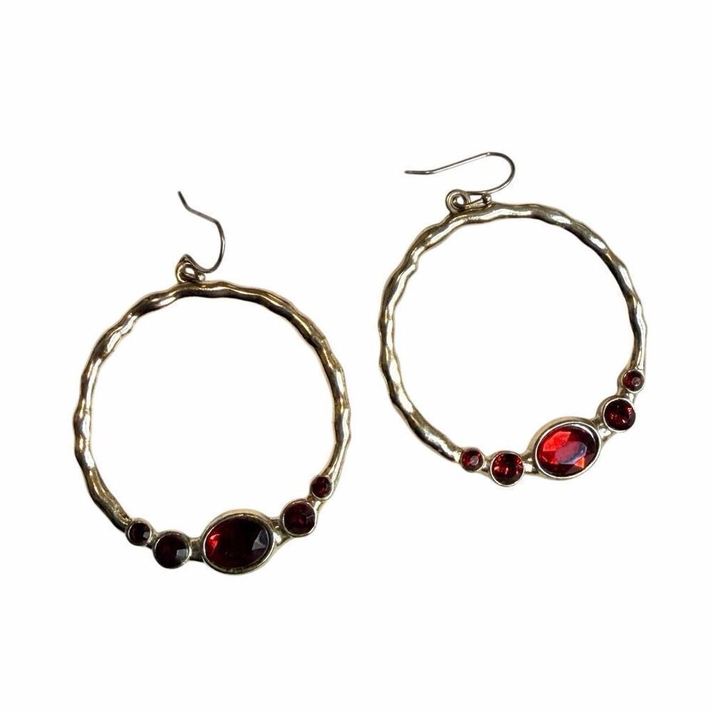 Avon Vintage Silver Tone Red Rhinestone Hoop Earrings